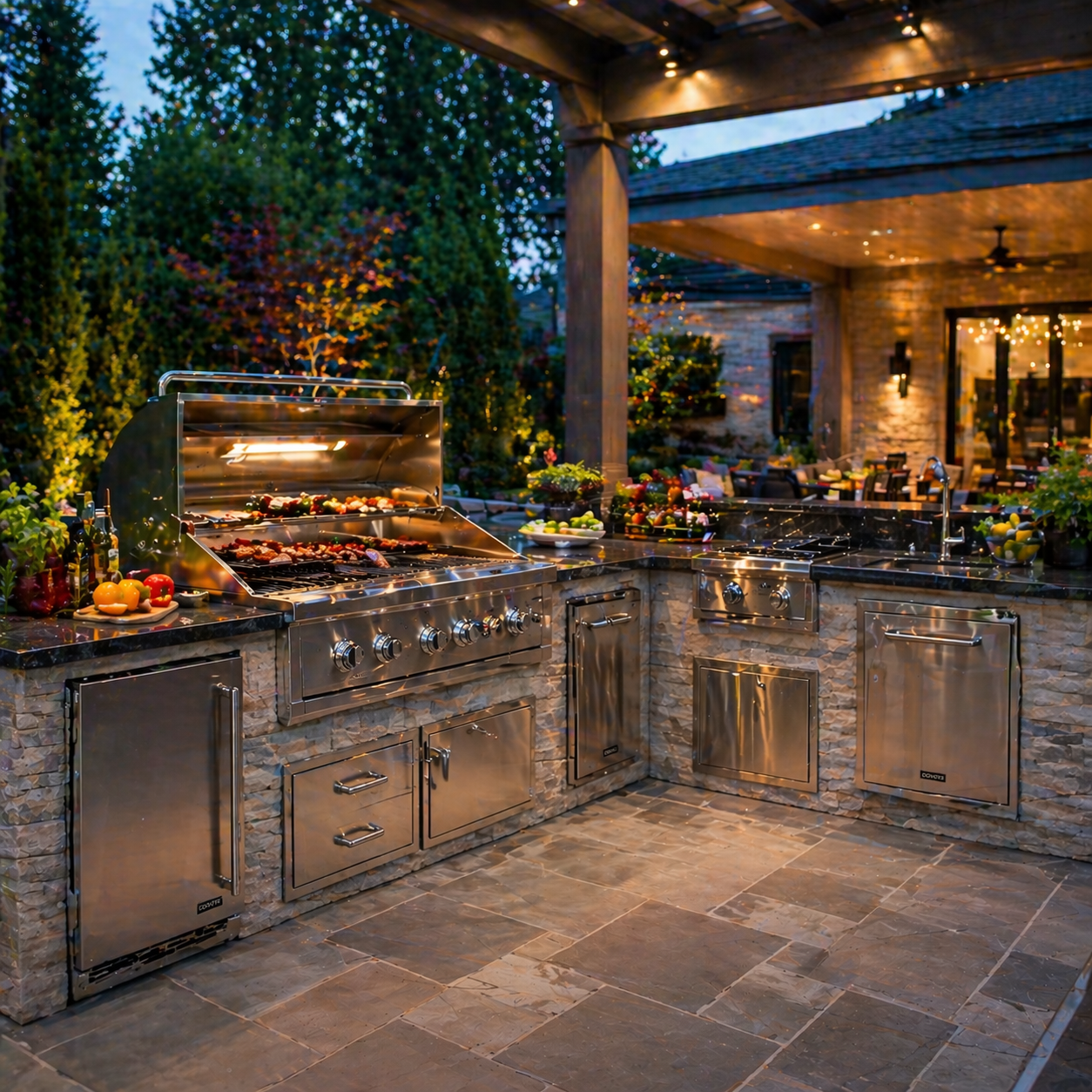 Luxury built-in outdoor BBQ kitchen with stainless steel grill island and modern backyard patio cooking setup