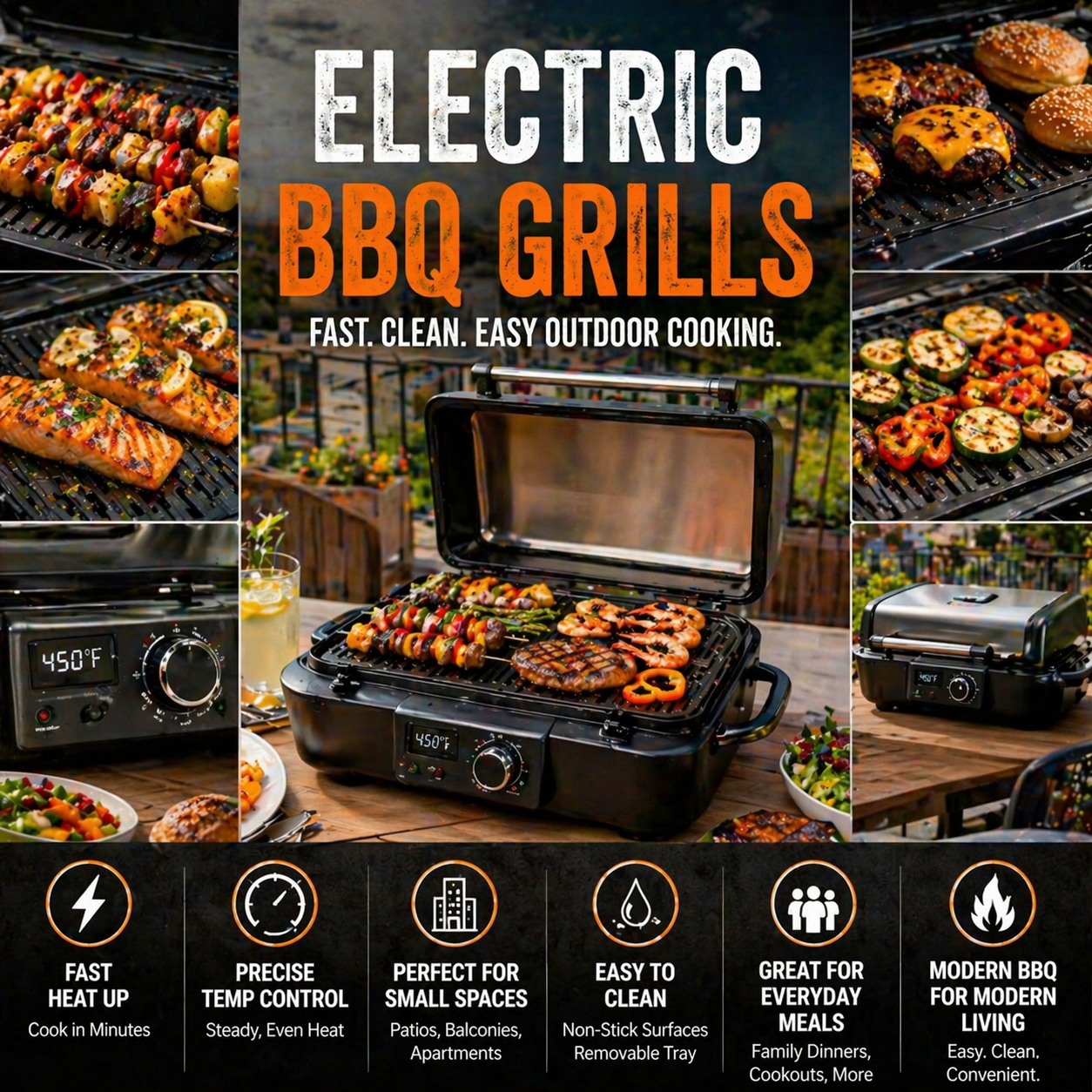 Modern electric BBQ grill on outdoor patio with smokeless grilling setup for easy backyard cooking