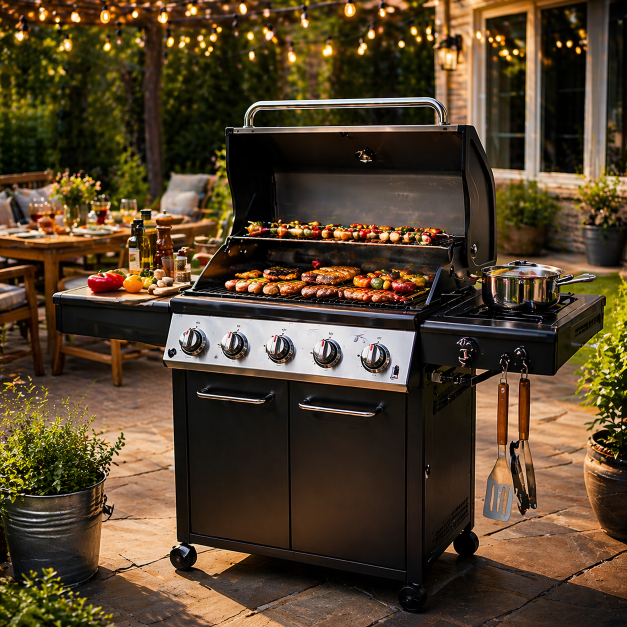 Modern outdoor BBQ grill for backyard cooking with charcoal and gas grilling setup on patio