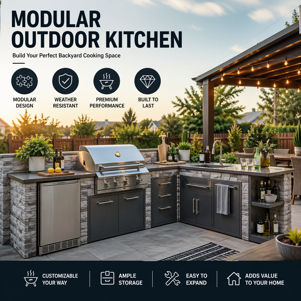Modular outdoor kitchen with built-in grill cabinets prep counter and backyard BBQ cooking station