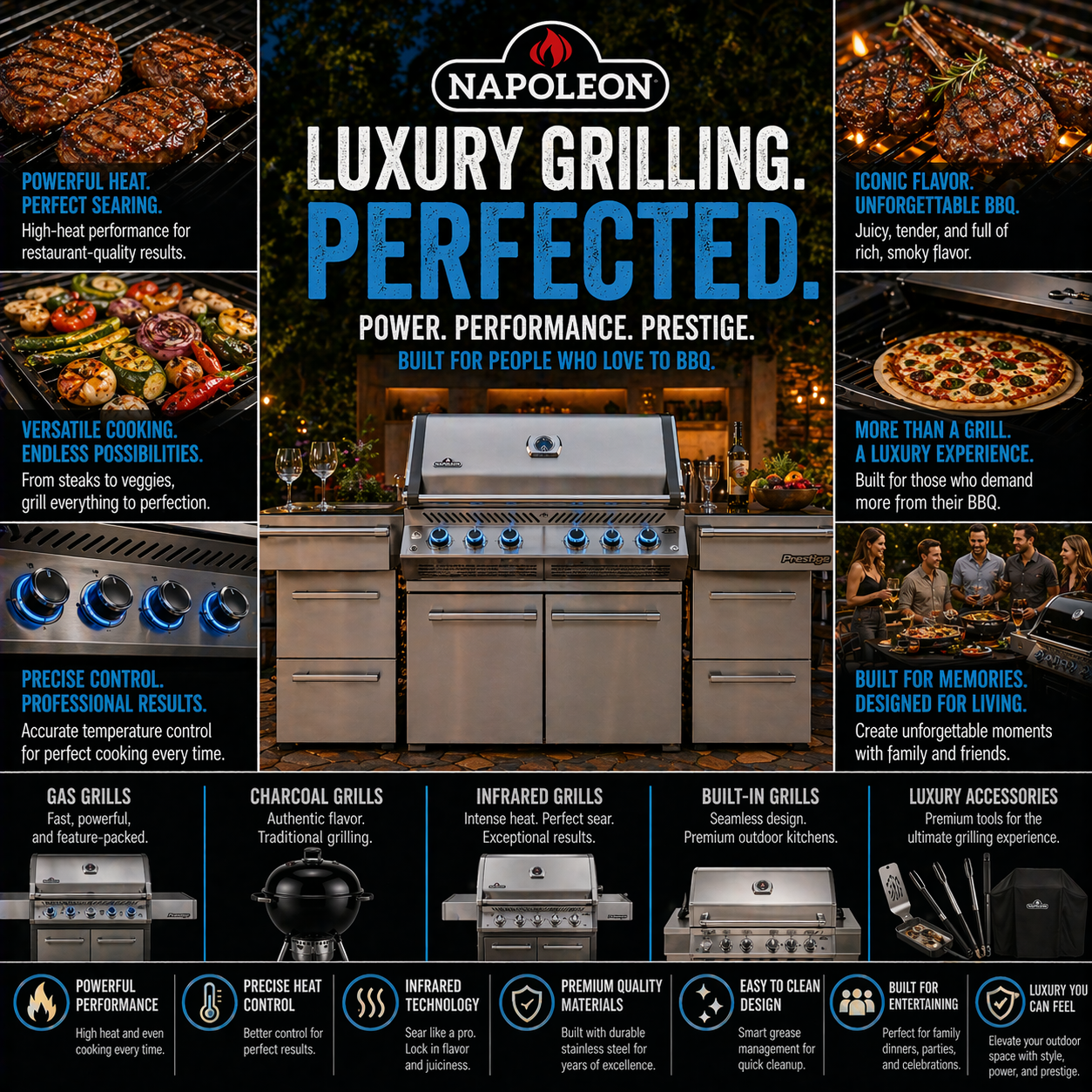 Napoleon grill with luxury gas and infrared BBQ setup for premium backyard outdoor cooking and entertaining