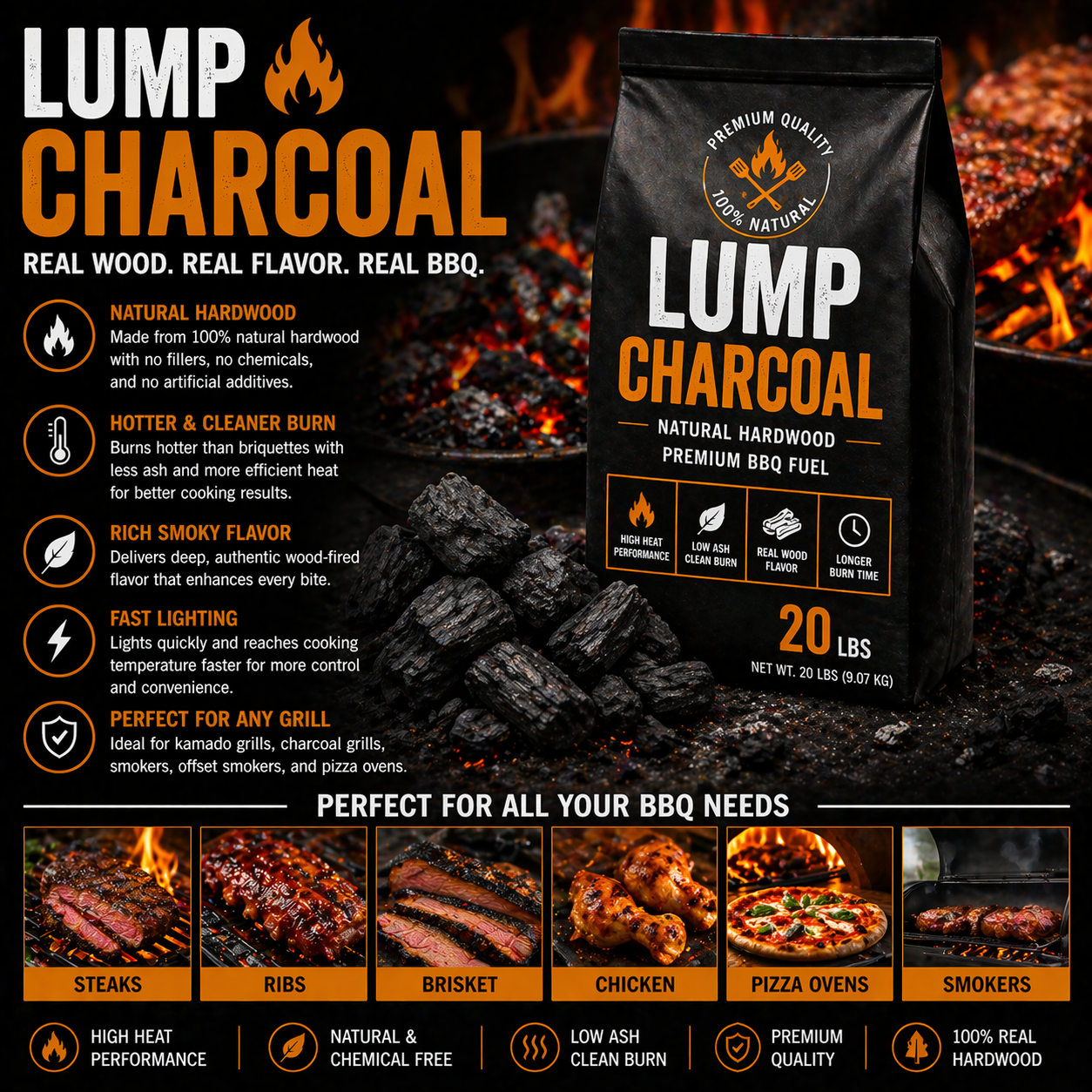 Natural lump charcoal for BBQ grilling with high heat low ash burn and rich smoky flavor for smokers pizza ovens and backyard cooking