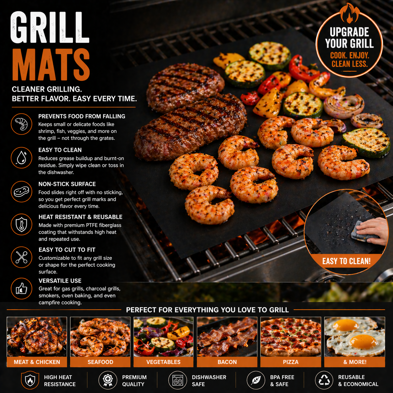 Non-stick grill mat for BBQ grilling with heat resistant reusable cooking surface for meat vegetables and outdoor cooking