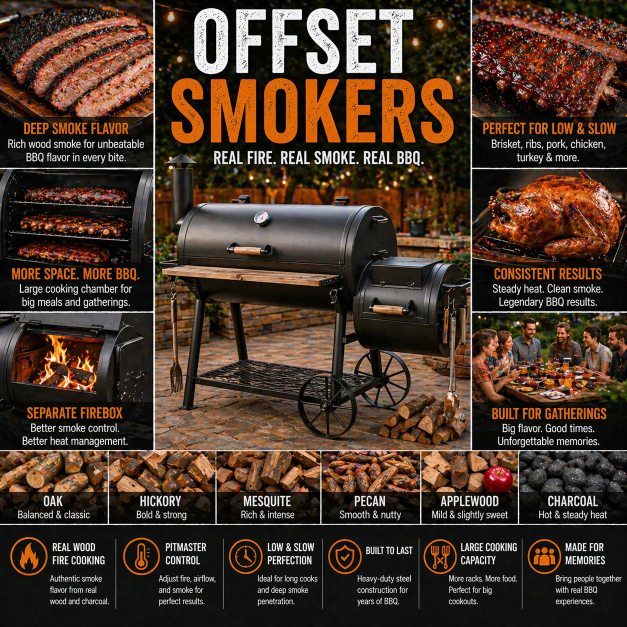 Offset smoker with barrel BBQ setup for brisket ribs and authentic backyard wood-fired smoking