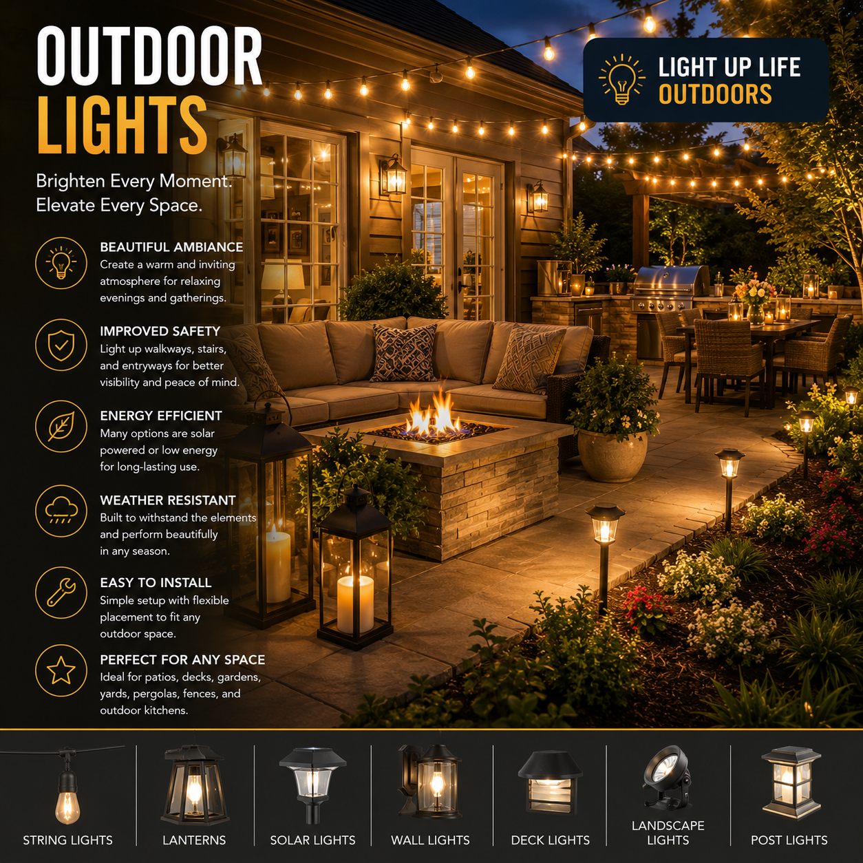 Outdoor Lights for Patios, Garden Lighting, String Lights, Solar Outdoor Lights, Deck Lighting, Landscape Lighting, Backyard Entertaining Lights and Outdoor Living Accessories