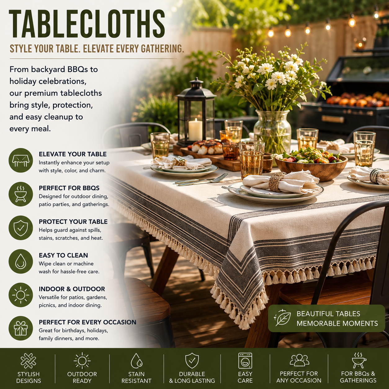Outdoor Tablecloths for Patio Dining, BBQ Table Covers, Picnic Tablecloths, Backyard Dining Accessories, Decorative Table Linens and Outdoor Entertaining Essentials