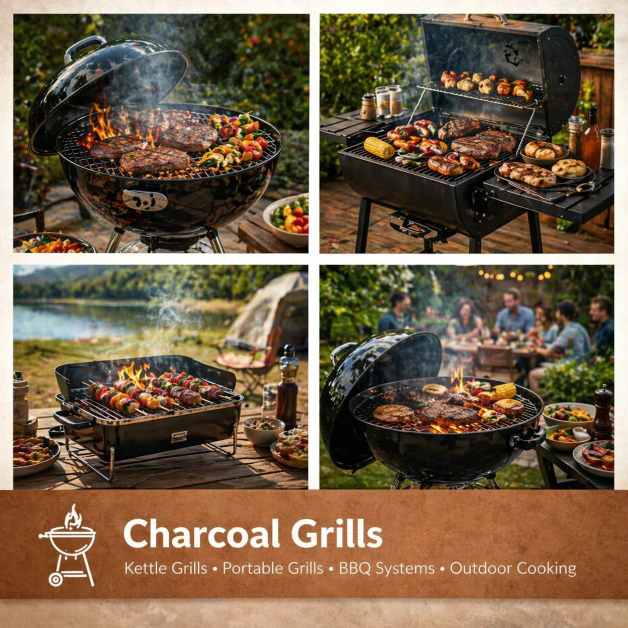 Outdoor charcoal grill with kettle BBQ setup for backyard grilling and smoky charcoal cooking experience