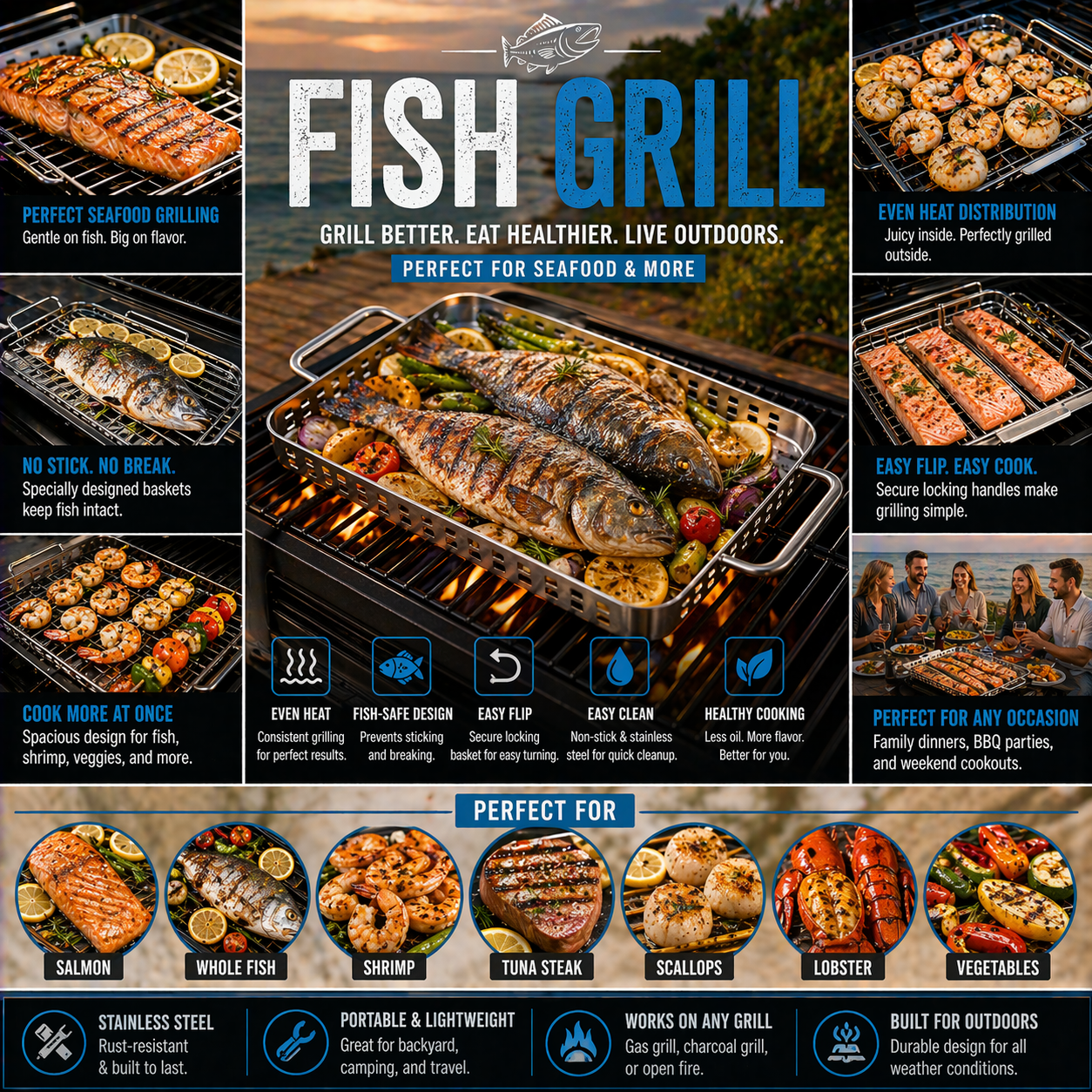 Outdoor fish grill for seafood BBQ with grilled salmon shrimp and backyard patio cooking setup