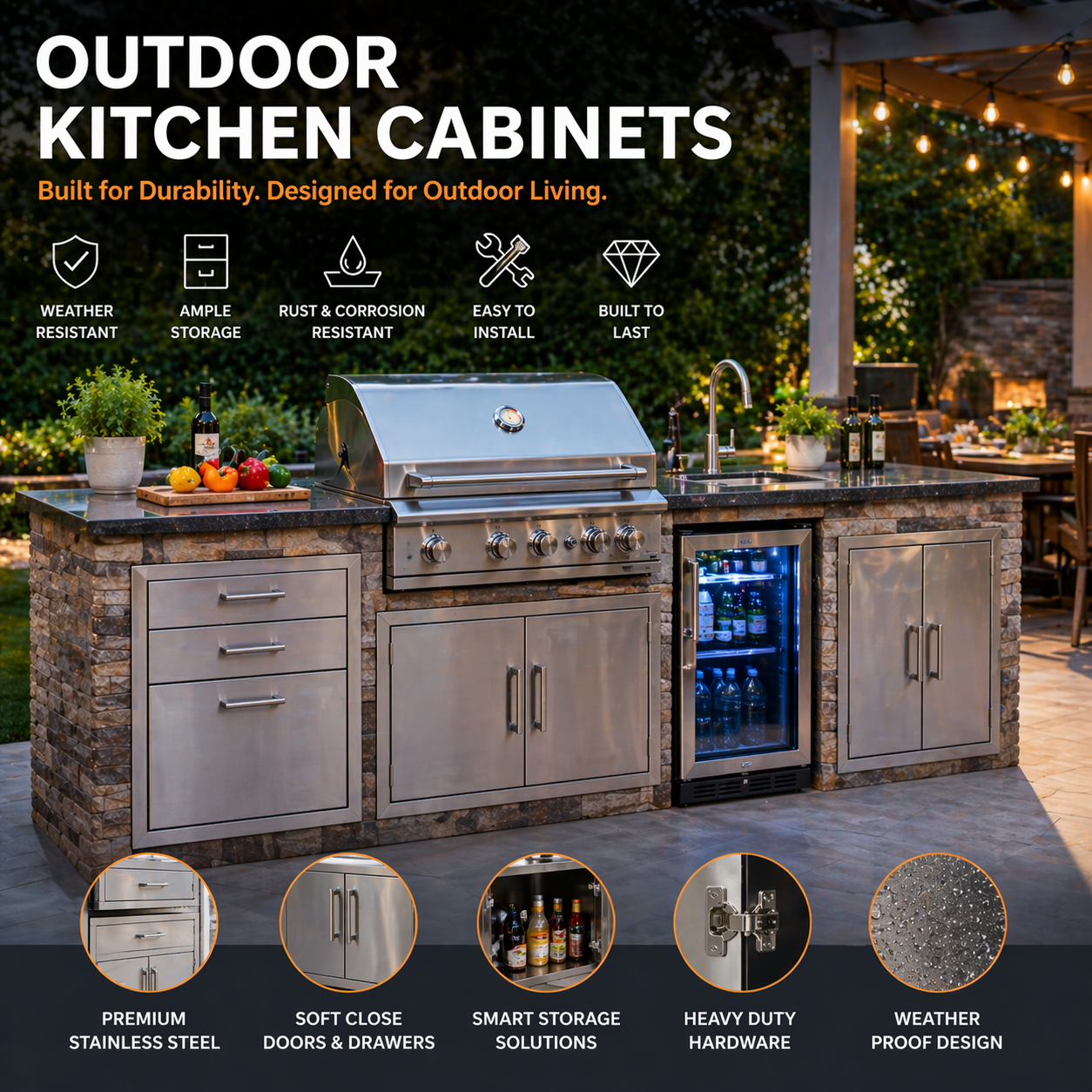 Outdoor kitchen cabinets with stainless steel storage built-in grill station and backyard BBQ cooking setup