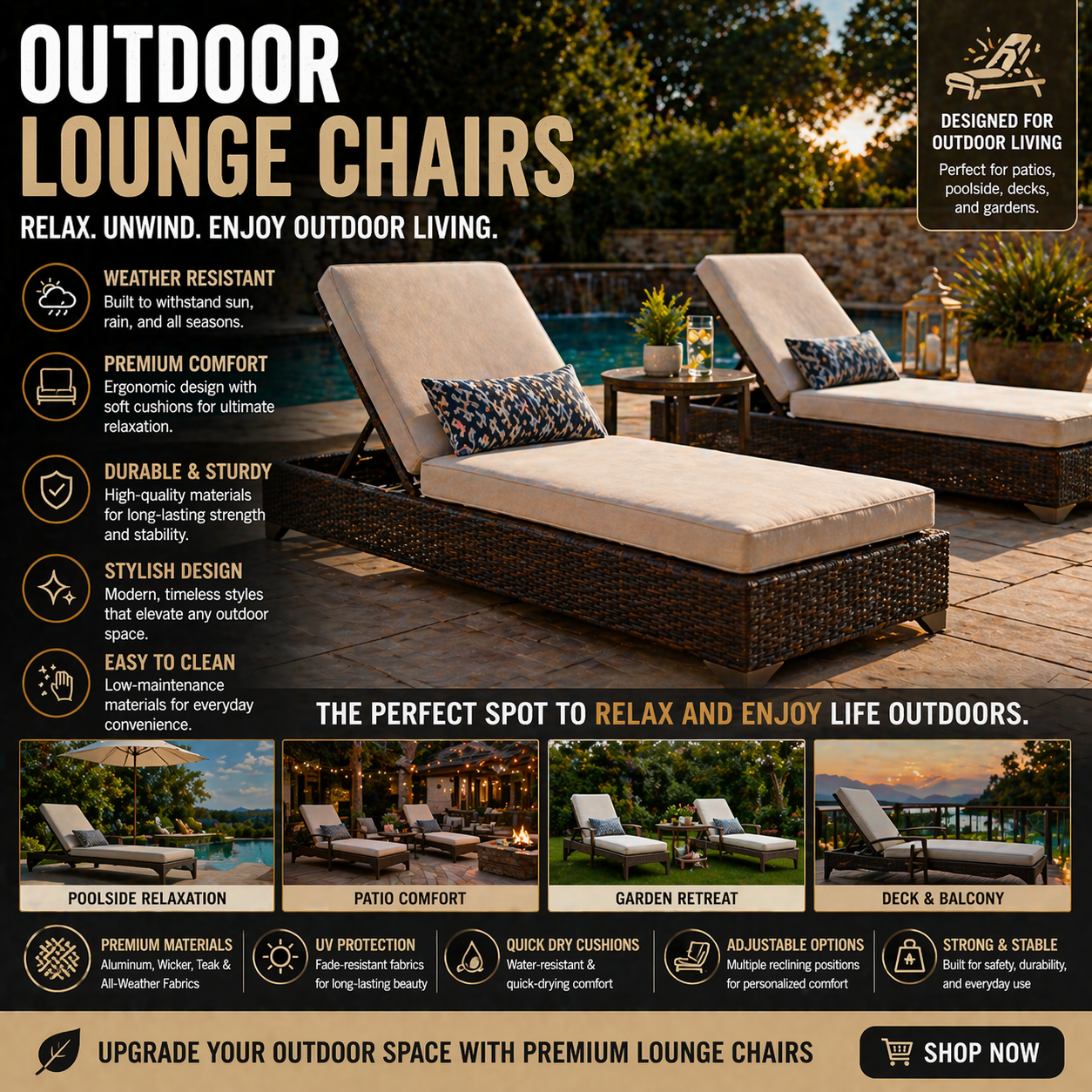 Outdoor lounge chairs with patio seating for poolside relaxation backyard comfort luxury outdoor living and premium garden lounging