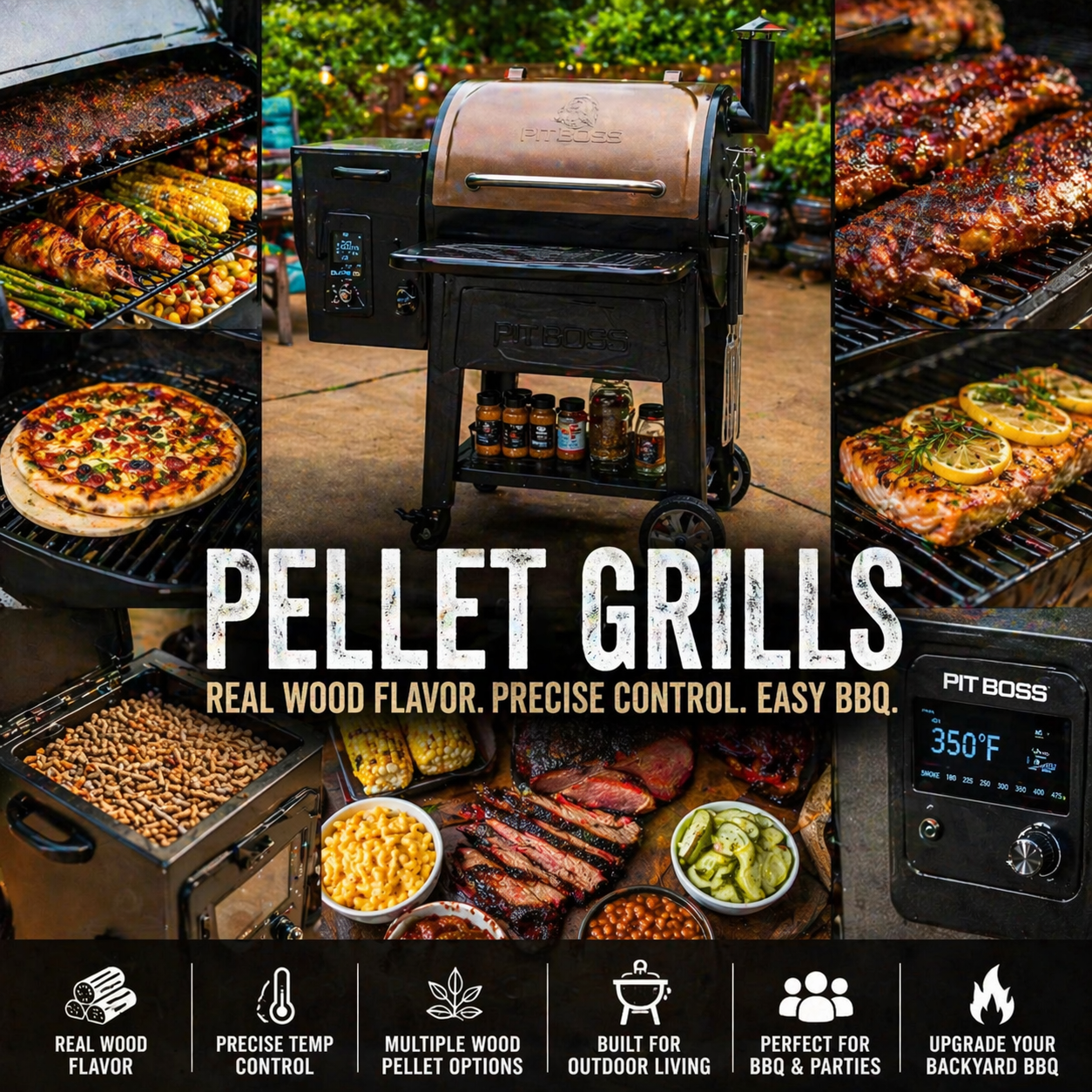 Outdoor pellet grill with wood pellet smoker BBQ setup for backyard grilling and rich smoky cooking experience