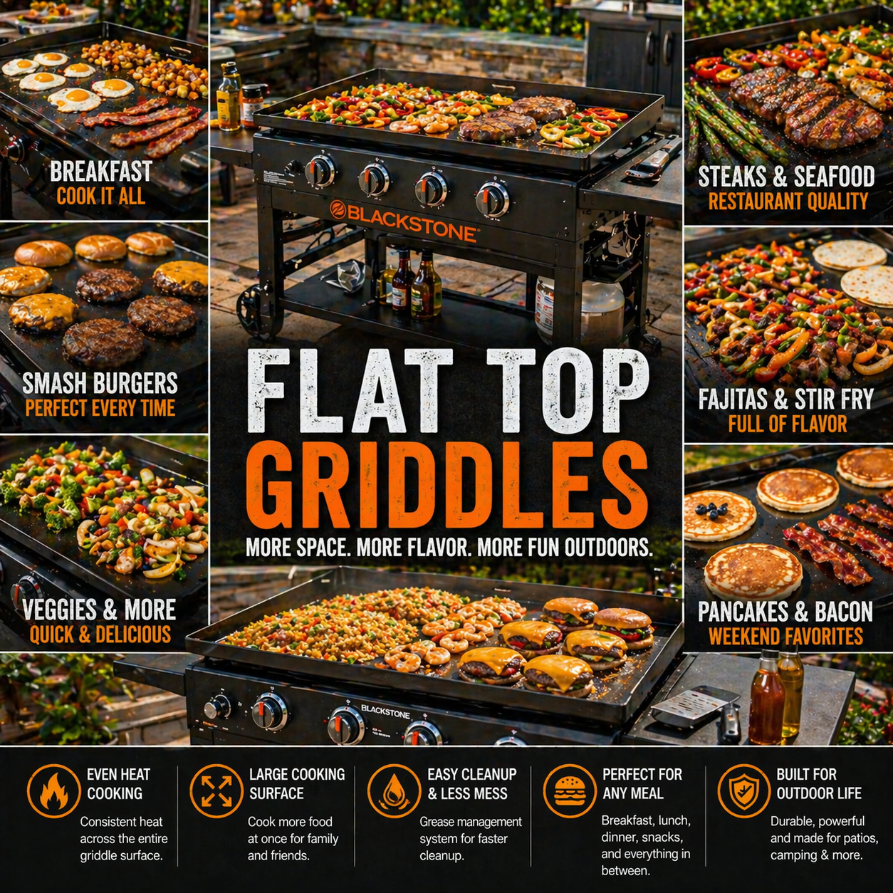 Outdoor flat top griddle grill with gas griddle cooking setup for backyard burgers breakfast and BBQ meals