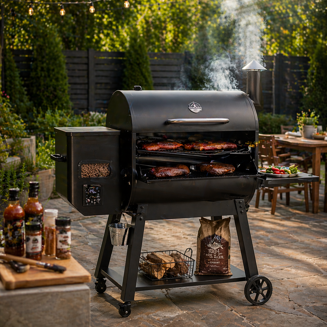 Outdoor pellet smoker grill for backyard BBQ with wood pellet smoking and slow cooked meat setup