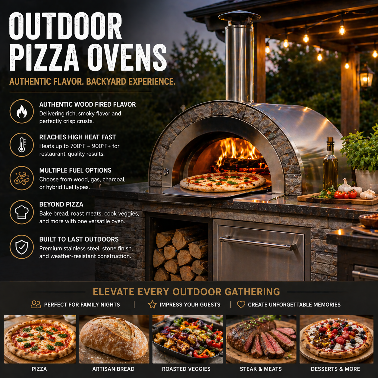 Outdoor pizza oven with wood fired stone baking backyard cooking and patio entertaining setup