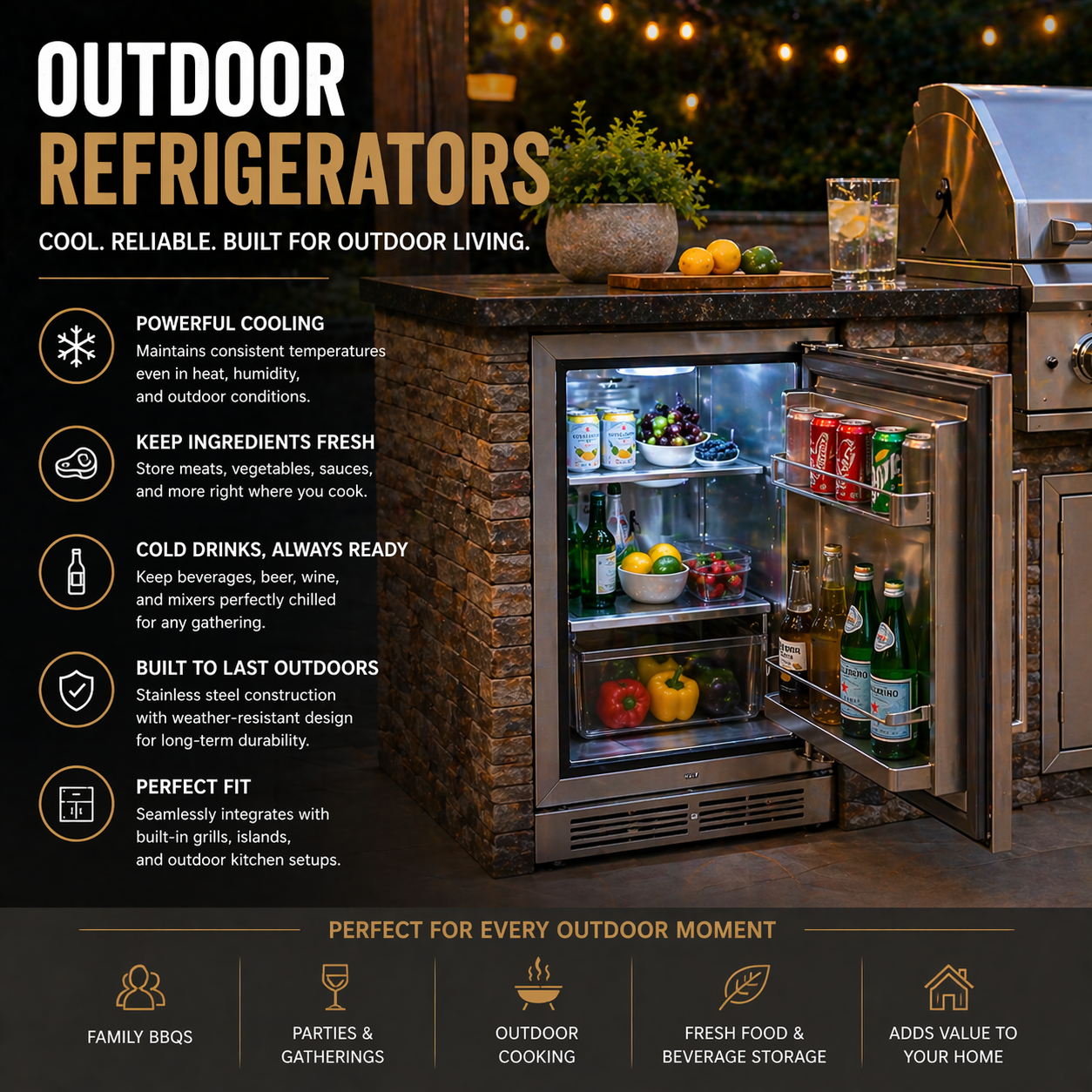 Outdoor refrigerator with built-in backyard kitchen BBQ island stainless steel cooling and patio entertaining setup