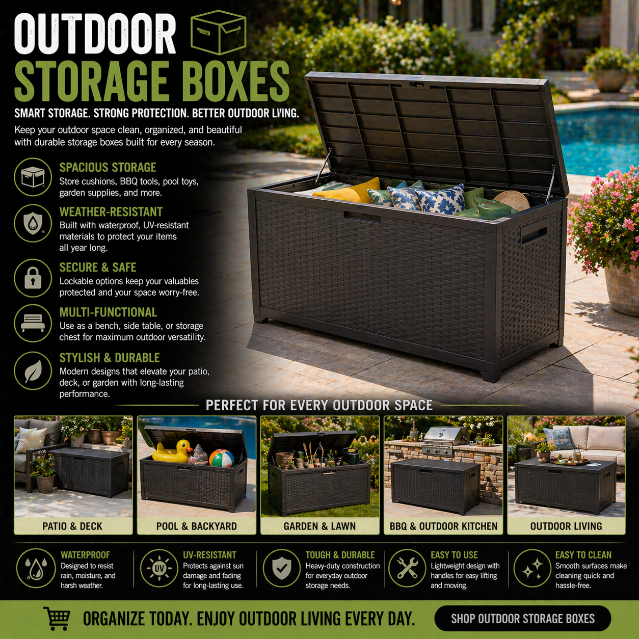 Outdoor storage box with weather resistant patio storage for BBQ tools cushions garden supplies and premium backyard organization