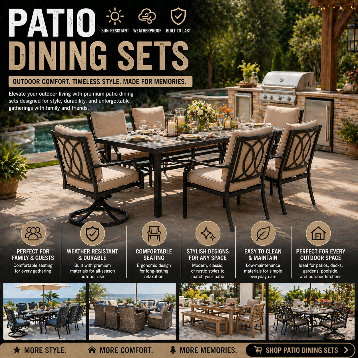 Patio dining set with outdoor table and chairs for backyard BBQ family gatherings poolside dining and premium outdoor living