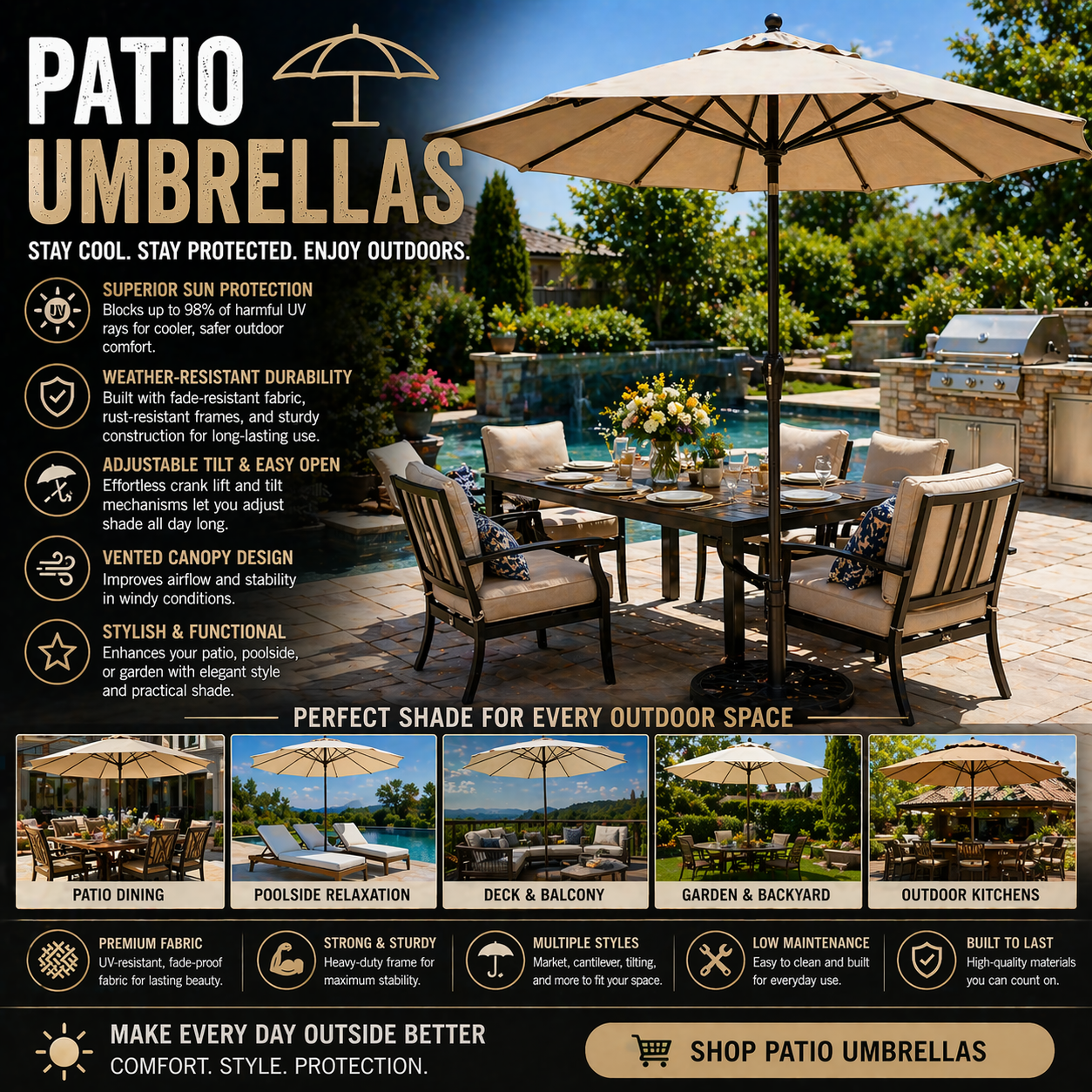 Patio umbrella with outdoor shade for backyard dining poolside seating patio lounge comfort and premium outdoor living space