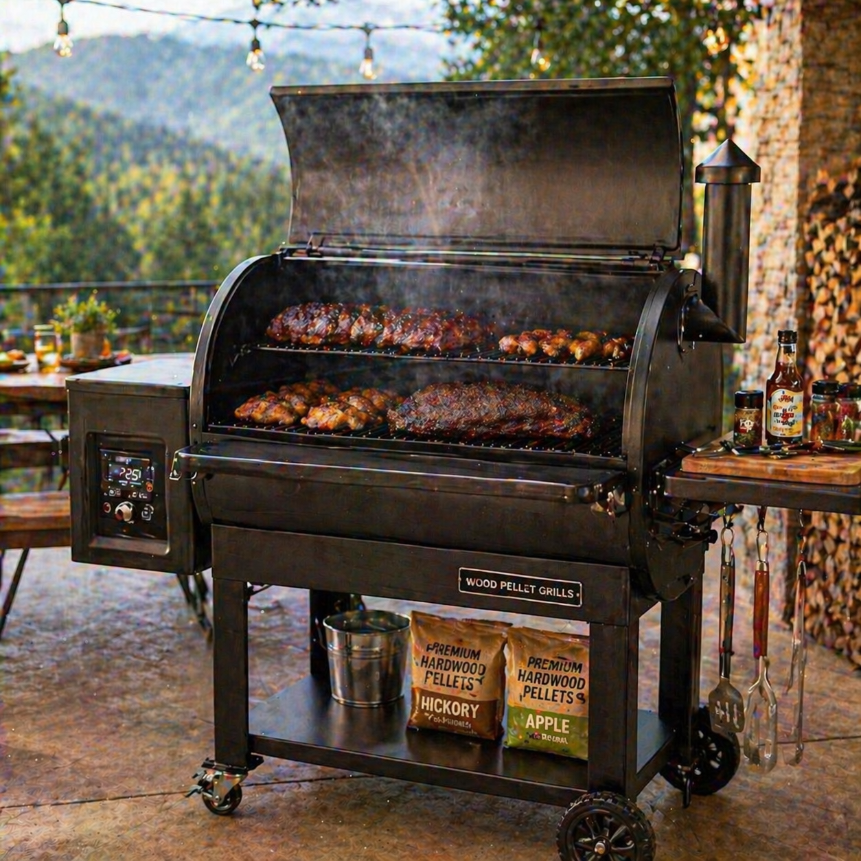 Pellet smoker grill with wood pellet BBQ smoking setup for brisket ribs and backyard outdoor cooking