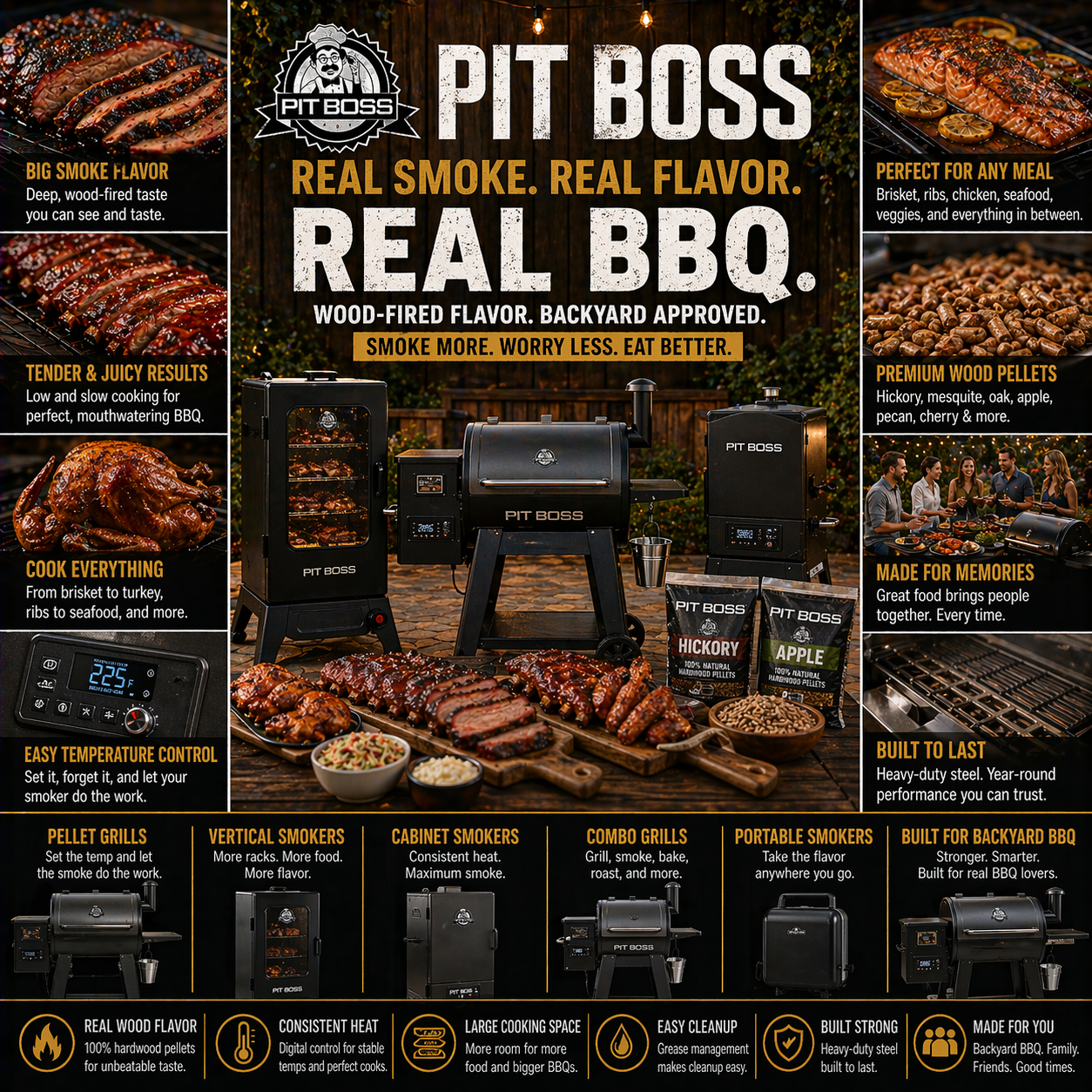Pit Boss smoker with pellet BBQ smoking setup for brisket ribs and premium backyard outdoor cooking