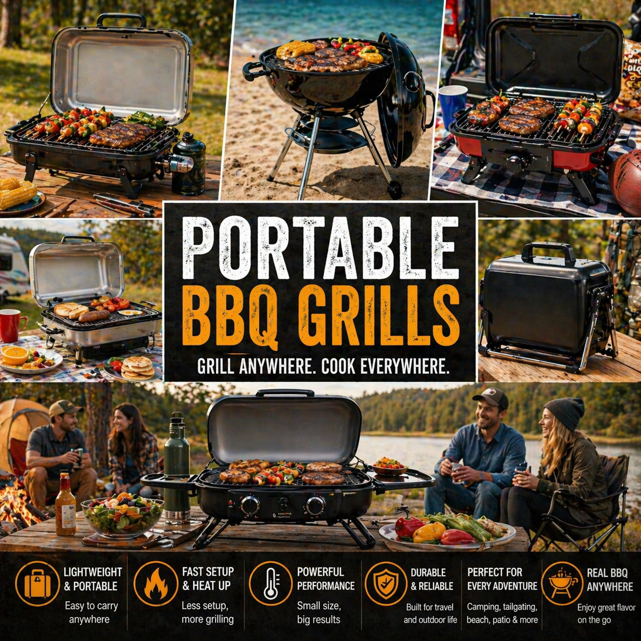 Portable BBQ grill for camping patio travel and outdoor cooking with compact gas and charcoal grilling setup