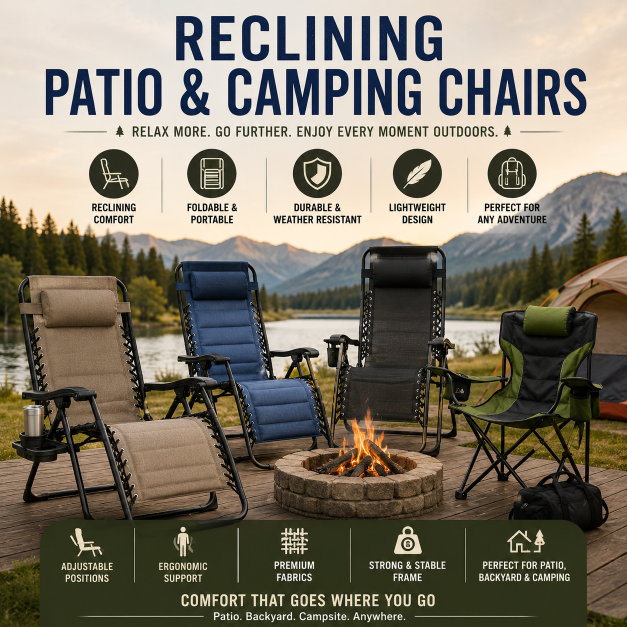 Premium Reclining Patio And Camping Chairs Designed For Comfortable Outdoor Living And Relaxation