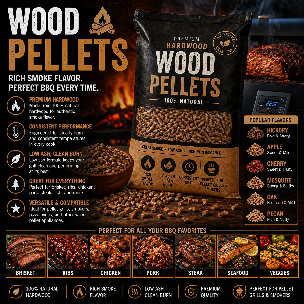 Premium wood pellets for pellet grills and smokers with hardwood smoke flavor low ash burn and backyard BBQ cooking performance