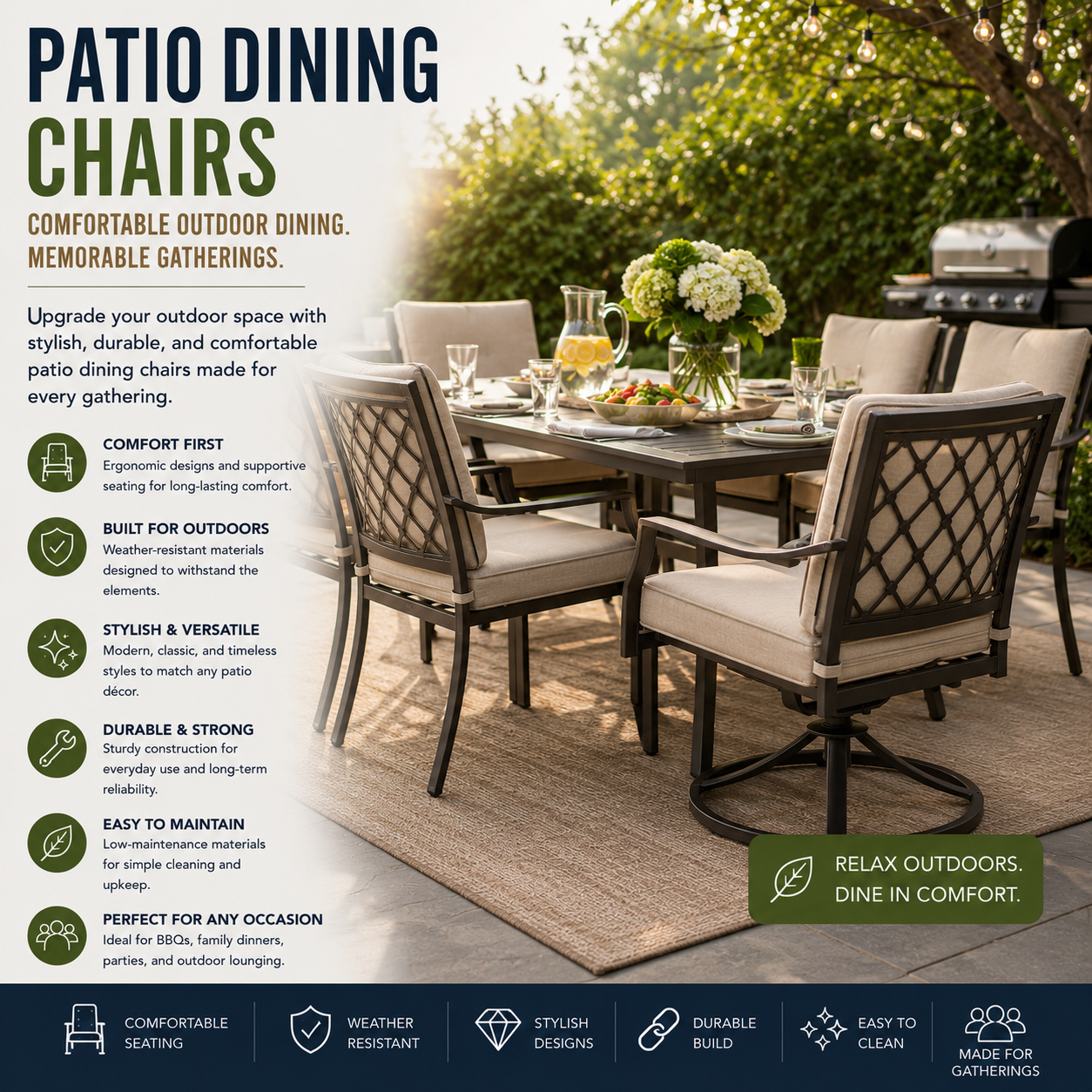 Shop patio dining chairs, outdoor dining chairs, weather resistant patio seating, backyard dining furniture, patio table chairs, wicker dining chairs, metal outdoor chairs, cushioned patio seating, and outdoor entertaining essentials.