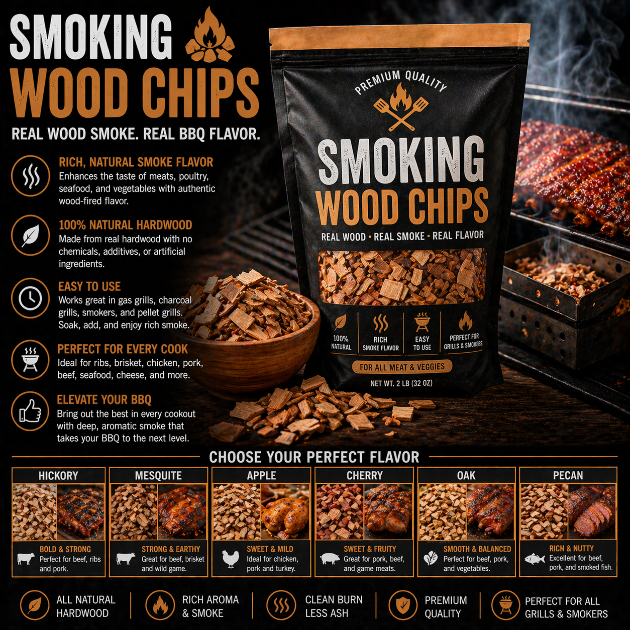 Smoking wood chips for BBQ grills and smokers with natural hardwood flavors for brisket ribs chicken and backyard outdoor cooking