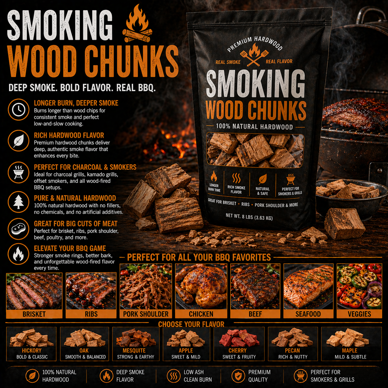 Smoking wood chunks for BBQ smokers and charcoal grills with premium hardwood flavor for brisket ribs pork shoulder and backyard smoking