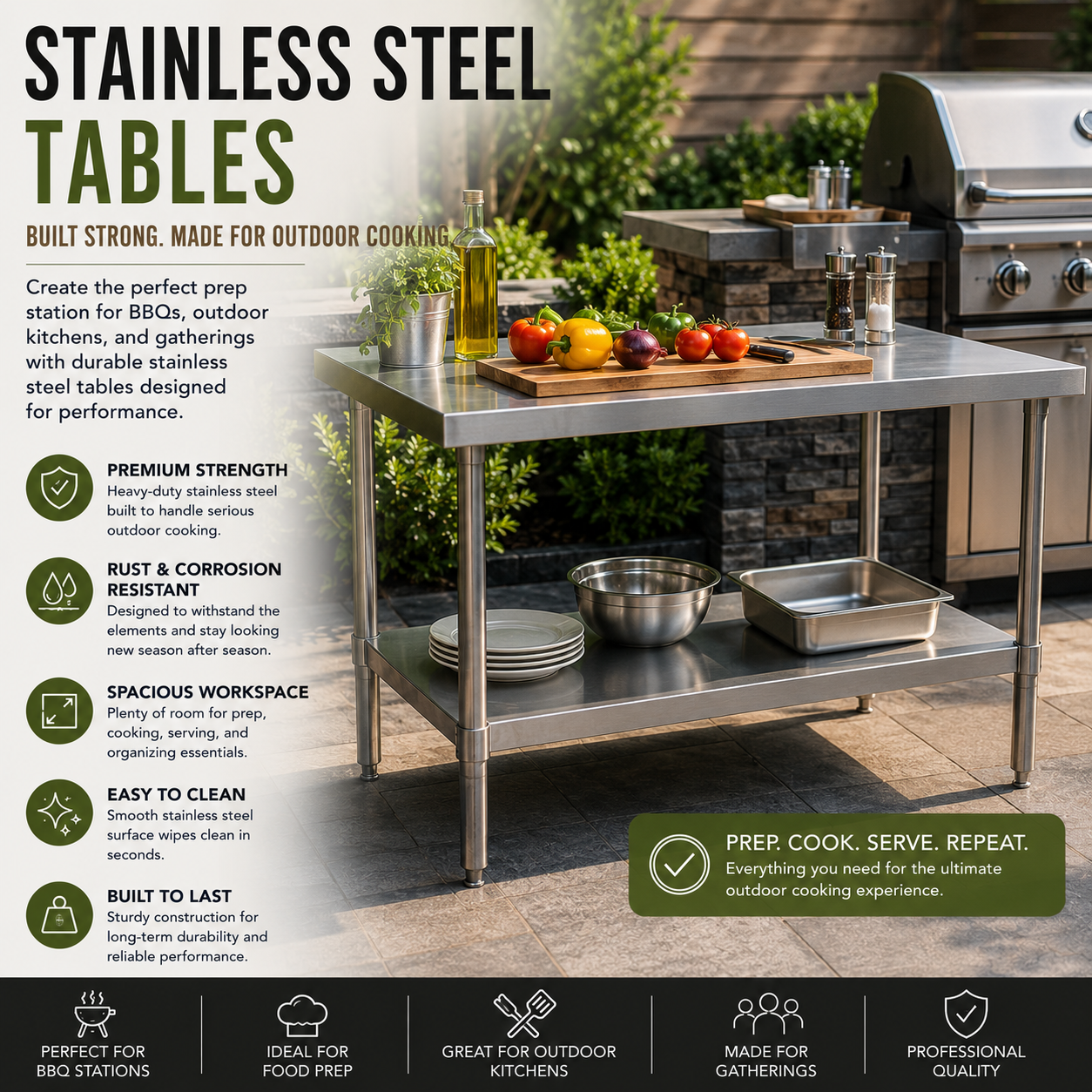 Stainless Steel Tables for Outdoor Kitchens, BBQ Prep Stations, Grilling Work Tables, Outdoor Cooking Stations, Patio Food Preparation Tables and Backyard Entertaining Furniture