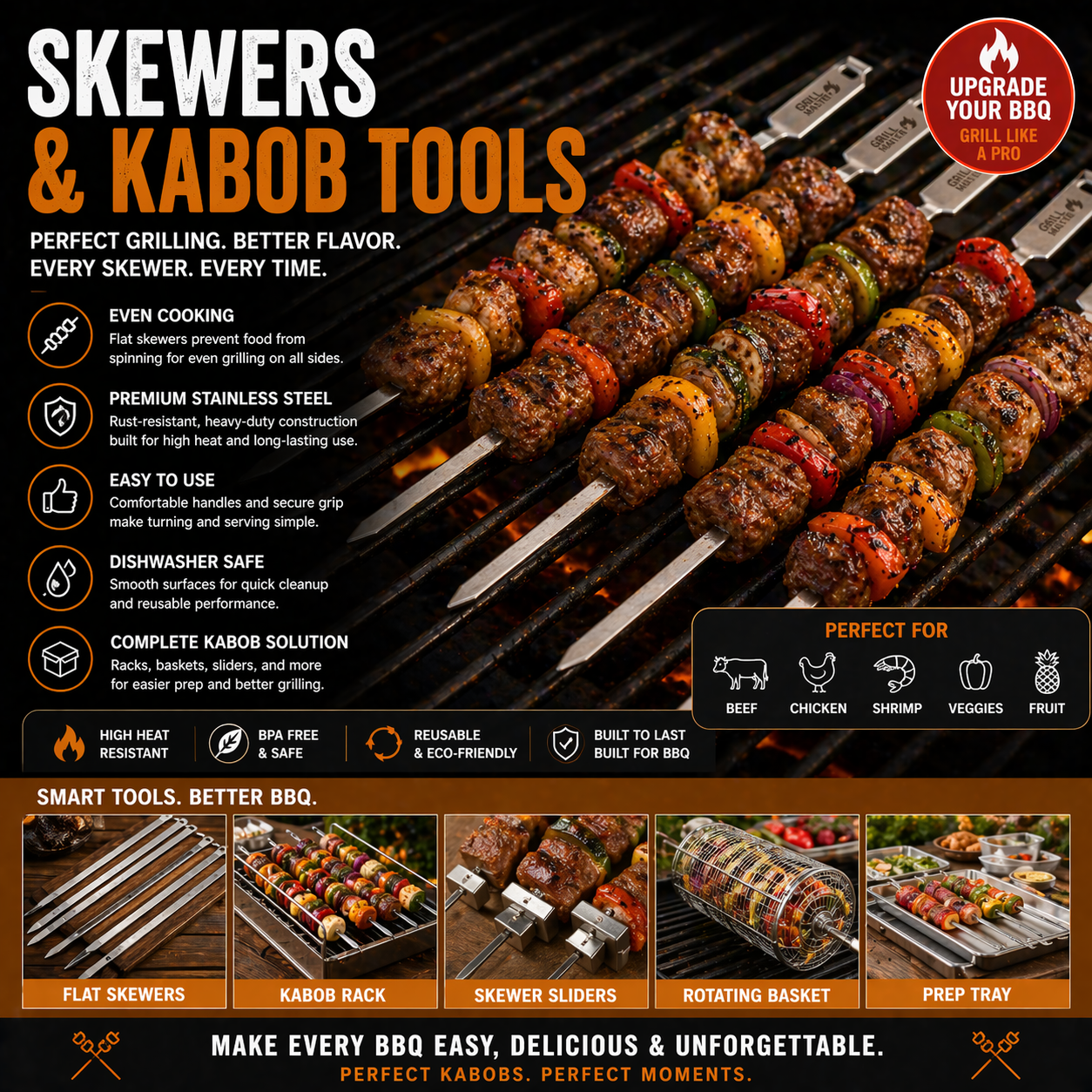 Stainless steel BBQ skewers and kabob tools for grilling meat vegetables shrimp and backyard outdoor cooking