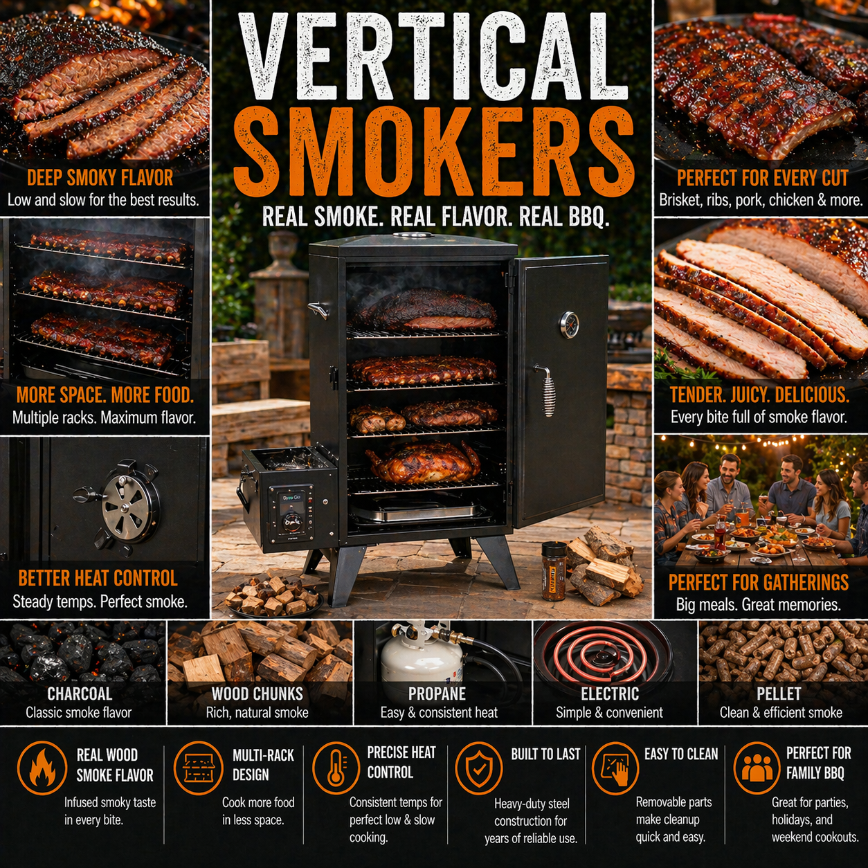 Vertical smoker cabinet with slow-smoked BBQ setup for brisket ribs and backyard outdoor smoking experience