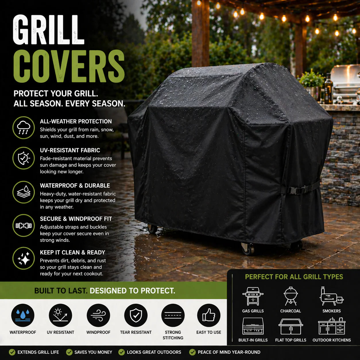Waterproof grill cover protecting outdoor BBQ grill smoker and backyard cooking equipment from weather and dust