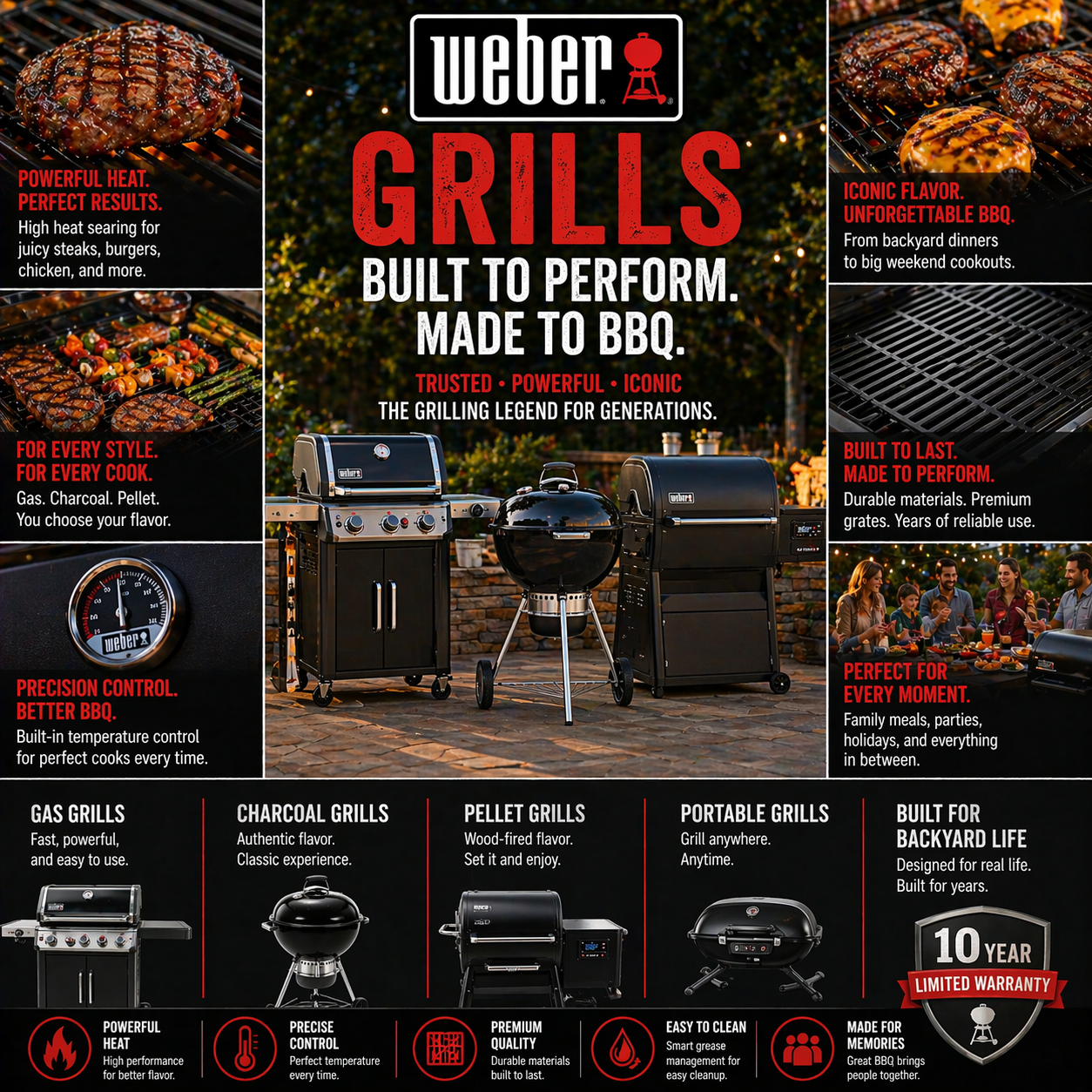 Weber grill with premium gas and charcoal BBQ setup for backyard outdoor cooking and family grilling