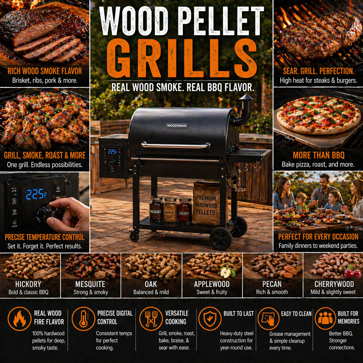 Wood pellet grill with smoker BBQ setup for brisket ribs steaks and backyard outdoor cooking