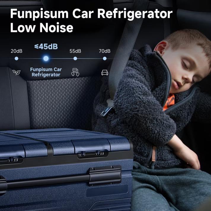 A child sleeping in a car seat with a car refrigerator, with a dark blue hard-sided cooler in the foreground and text reading 'Funpisum Car Refrigerator Low Noise' and '≤45dB'.
