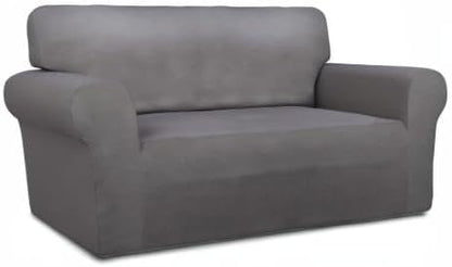 PureFit Stretch Loveseat Covers Fleece Couch Covers for Sofa Light Gray | 1-Piece Sofa Slipcover Soft Couch Protector, Sofa Cover Washable with Non Skid Foam and Elastic Bottom for Kids, Dogs