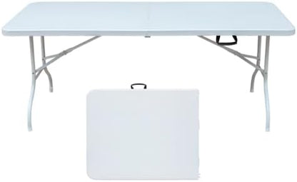 IDEALHOUSE 6 Ft Plastic Folding Table, Portable Fold-in-Half Table with Iron Legs, Carrying Handle, Outdoor Rectangular Fold Out Table for Dining, Picnic, Party, Camping, Barbecues, White