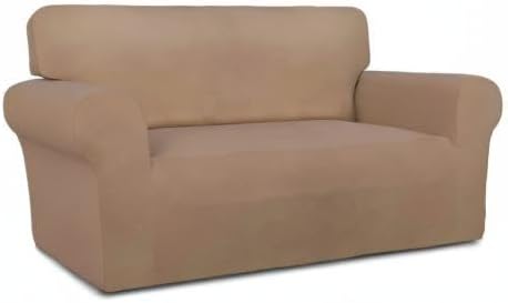 PureFit Stretch Loveseat Covers Fleece Couch Covers for Sofa Camel | 1-Piece Sofa Slipcover Soft Couch Protector, Sofa Cover Washable with Non Skid Foam and Elastic Bottom for Kids, Dogs