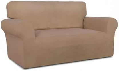 PureFit Stretch Loveseat Covers Fleece Couch Covers for Sofa Camel | 1-Piece Sofa Slipcover Soft Couch Protector, Sofa Cover Washable with Non Skid Foam and Elastic Bottom for Kids, Dogs