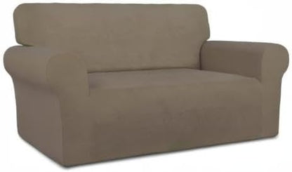 PureFit Stretch Loveseat Covers Fleece Couch Covers for SofaNatural | 1-Piece Sofa Slipcover Soft Couch Protector, Sofa Cover Washable with Non Skid Foam and Elastic Bottom for Kids, Dogs