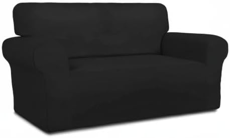 PureFit Stretch Loveseat Covers Fleece Couch Covers for Sofa Black | 1-Piece Sofa Slipcover Soft Couch Protector, Sofa Cover Washable with Non Skid Foam and Elastic Bottom for Kids, Dogs