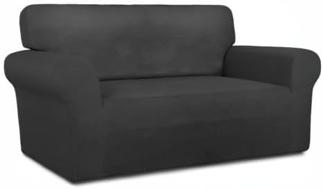 PureFit Stretch Loveseat Covers Fleece Couch Covers for Sofa Dark Gray | 1-Piece Sofa Slipcover Soft Couch Protector, Sofa Cover Washable with Non Skid Foam and Elastic Bottom for Kids, Dogs
