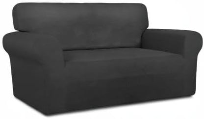 PureFit Stretch Loveseat Covers Fleece Couch Covers for Sofa Dark Gray | 1-Piece Sofa Slipcover Soft Couch Protector, Sofa Cover Washable with Non Skid Foam and Elastic Bottom for Kids, Dogs