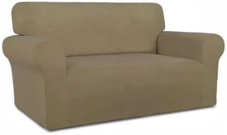 PureFit Stretch Loveseat Covers Fleece Couch Covers for Sofa Tan | 1-Piece Sofa Slipcover Soft Couch Protector, Sofa Cover Washable with Non Skid Foam and Elastic Bottom for Kids, Dogs