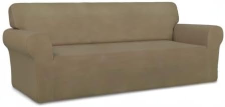 PureFit Stretch Couch Covers for Sofa Large Sofa Slipcovers Tan | 1-Piece Sofa Cover Washable Soft Couch Protector, Couch Slipcover with Non Skid Foam and Elastic Bottom for Kids, Dogs