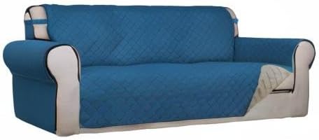 PureFit Reversible Quilted Sofa Cover Dog Couch Covers for Sofa, 66 in | Peacock Blue/Beige, Water Resistant Couch Protector, Washable Pet Couch Cover with Non Slip and Elastic Straps For Kids