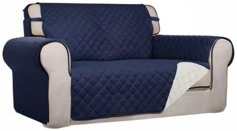 PureFit Reversible Quilted Sofa Cover, Water Resistant Medium Slipcover Furniture Protector, Washable Couch Cover with Non Slip Foam and Elastic Straps for Kids, Dogs, Pets (Loveseat, Navy/Ivory) | Navy/Ivory, Water Resistant Couch Protector, Washable ...
