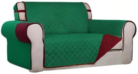 PureFit Reversible Quilted Couch Covers for Dogs Loveseat Sofa Cover 46.5” | Green/Red, Water Resistant Couch Protector, Washable Pet Couch Cover with Non Slip and Elastic Straps For Kids